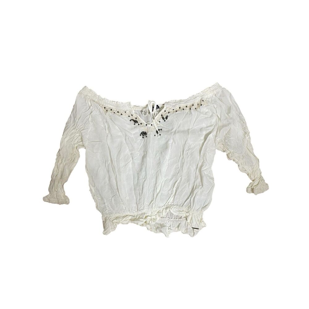 Guess Los Angeles Peasant Boho Off Shoulder Top White Beaded Size S